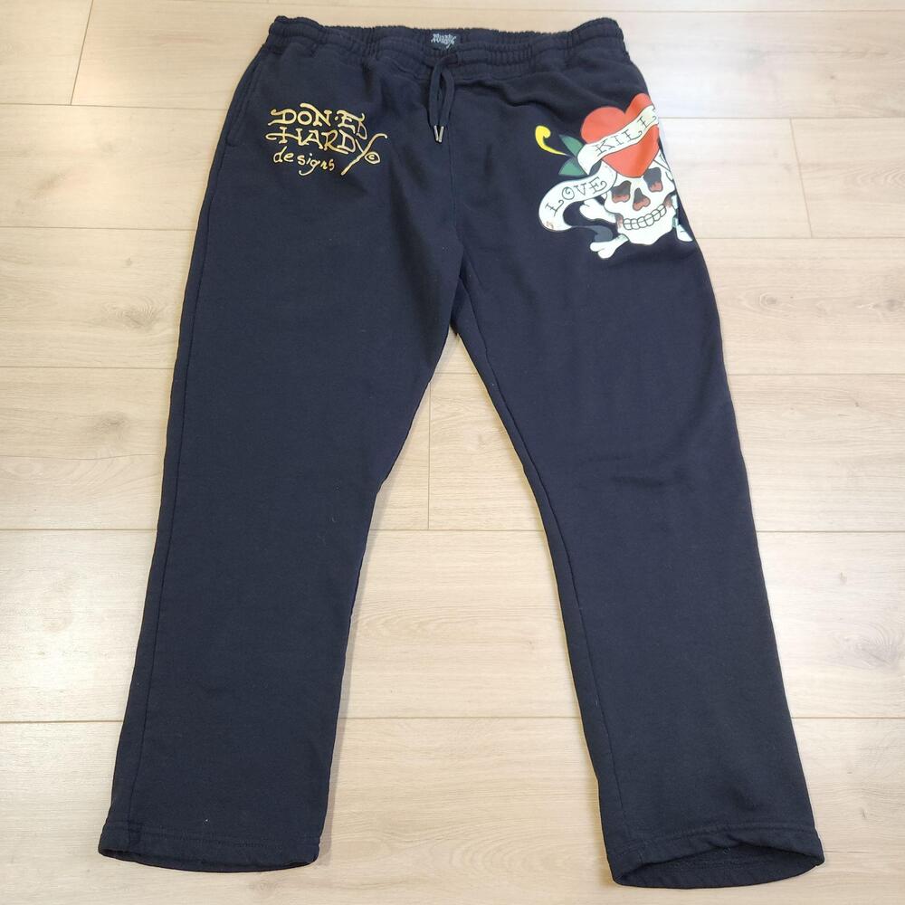 Ed Hardy Sweat Pants Mens 2XL Black Fleece Love Kills Skull Heart Graphic